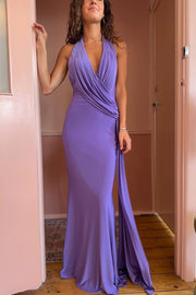 Purple Halter Deep V-Neck Pleats Backless Evening Prom Dress