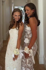 Exquisite Strapless Flower Appliques Sleeveless Lace Prom Dress