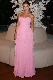 Pink A-Line Strapless Empire-Waist Ruffles Chiffon Long Prom Dress