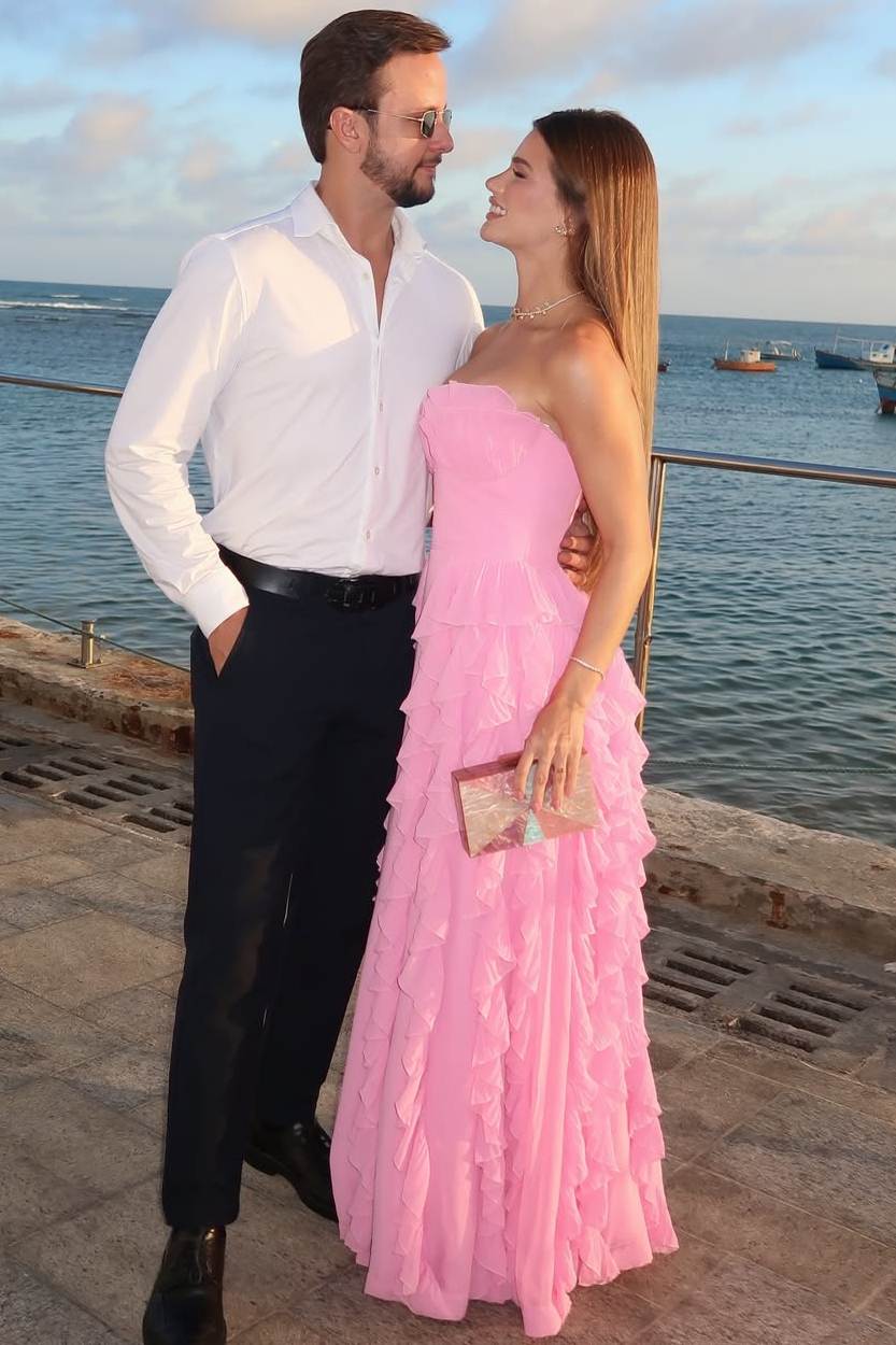 Pink A-Line Strapless Empire-Waist Ruffles Chiffon Long Prom Dress