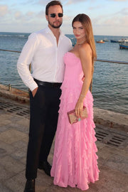 Pink A-Line Strapless Empire-Waist Ruffles Chiffon Long Prom Dress