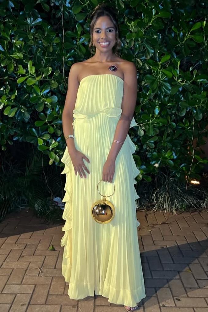 Yellow Strapless Pleated A-Line Empire-Waist Ruffles Long Prom Dress