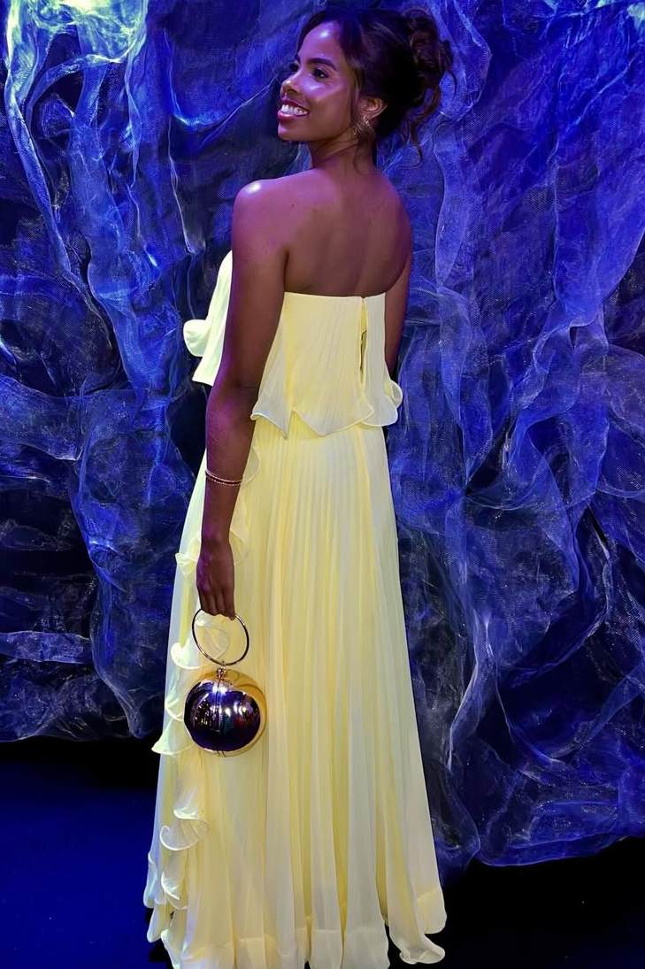 Yellow Strapless Pleated A-Line Empire-Waist Ruffles Long Prom Dress