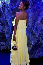 Yellow Strapless Pleated A-Line Empire-Waist Ruffles Long Prom Dress