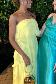 Yellow Strapless Pleated A-Line Empire-Waist Ruffles Long Prom Dress