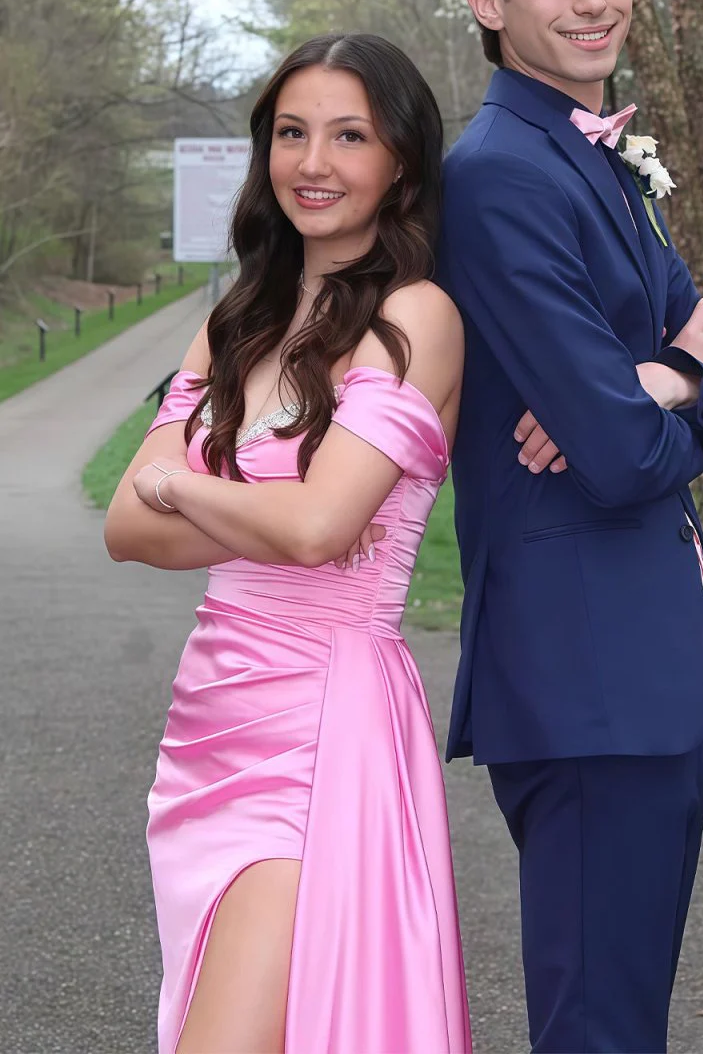 Pink Off-Shoulder Sweetheart Beads Pleats Long Prom Dress with Slit