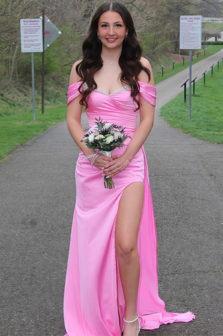 Pink Off-Shoulder Sweetheart Beads Pleats Long Prom Dress with Slit