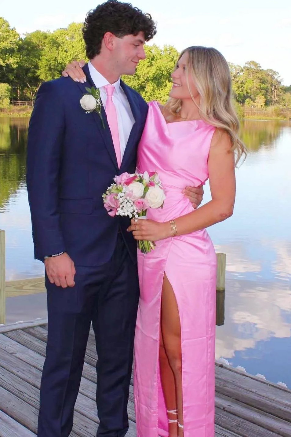 Classy Off-Shoulder Sleeveless Pink Satin High Slit Straps Long Prom Dress