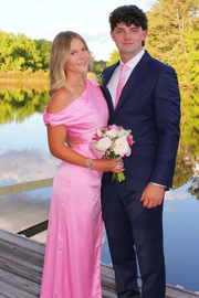 Classy Off-Shoulder Sleeveless Pink Satin High Slit Straps Long Prom Dress