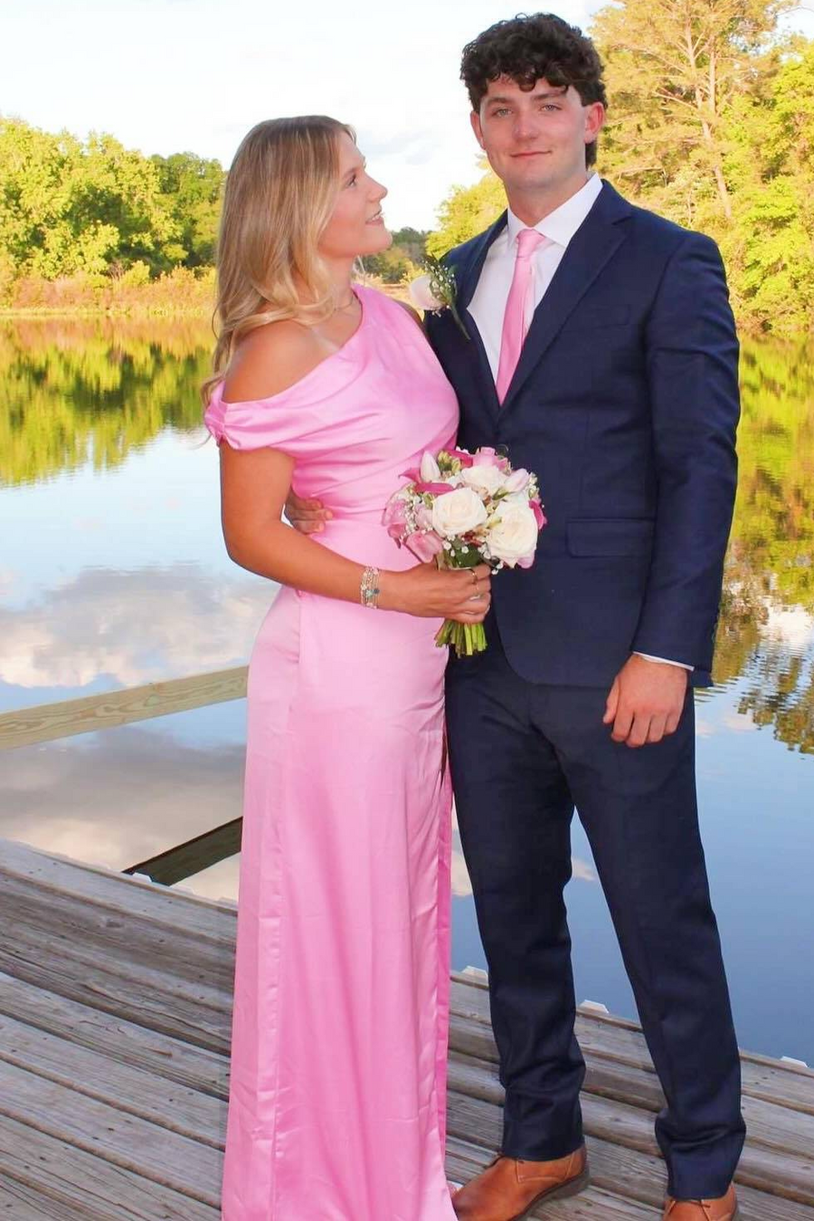 Classy Off-Shoulder Sleeveless Pink Satin High Slit Straps Long Prom Dress