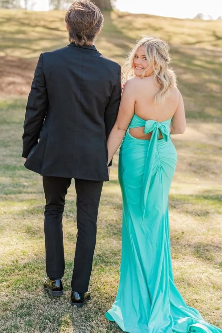 Strapless Back with Bow Sleeveless Satin Pleats High Slit Long Prom Dress with Train