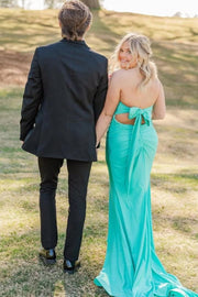 Strapless Back with Bow Sleeveless Satin Pleats High Slit Long Prom Dress with Train