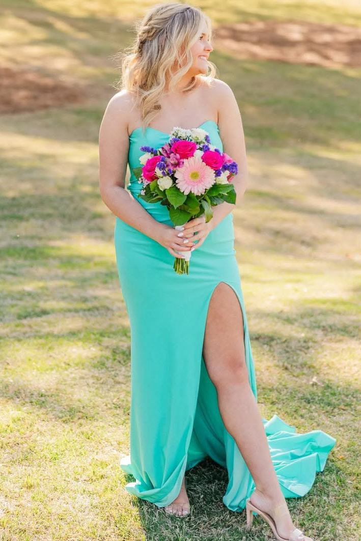 Strapless Back with Bow Sleeveless Satin Pleats High Slit Long Prom Dress with Train