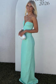 Elegant Strapless Satin V-Neck Sleeveless Long Formal Prom Dress