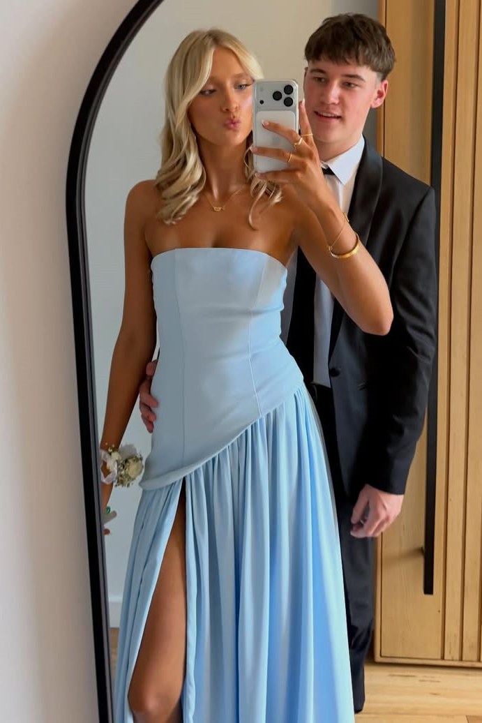 A-Line Strapless Empire-Waist Pleated Sleeveless Prom Dress with Slit