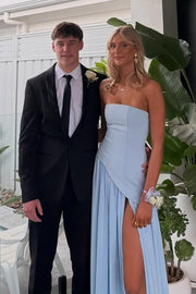 A-Line Strapless Empire-Waist Pleated Sleeveless Prom Dress with Slit