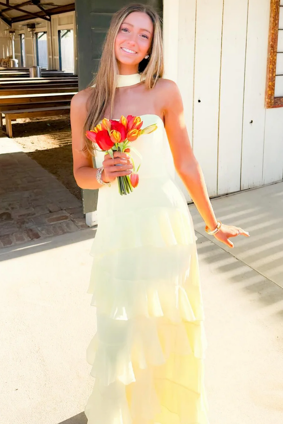 Yellow A-Line Strapless Scoop Neck Ruffles Sleeveless Empire-Waist Prom Dress