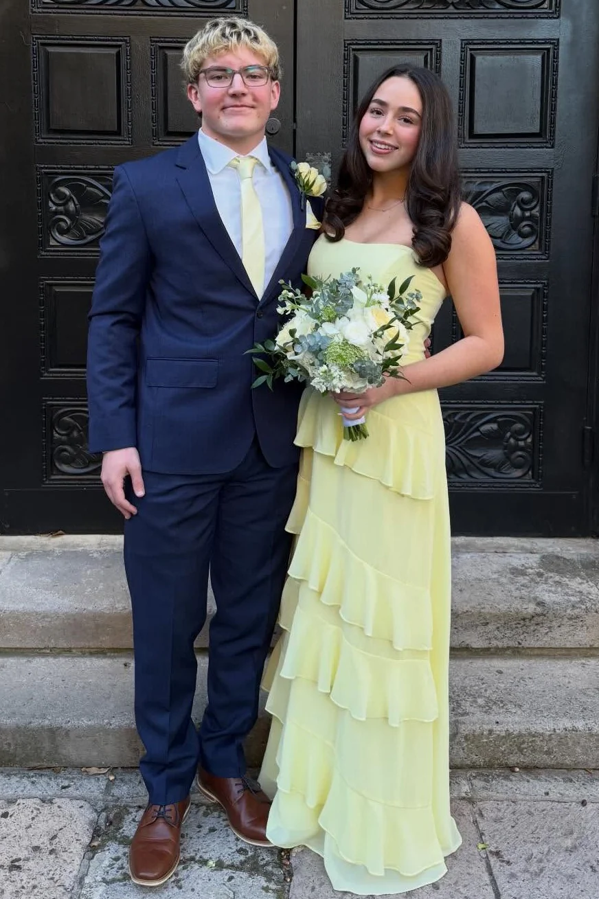 Yellow A-Line Strapless Scoop Neck Ruffles Sleeveless Empire-Waist Prom Dress