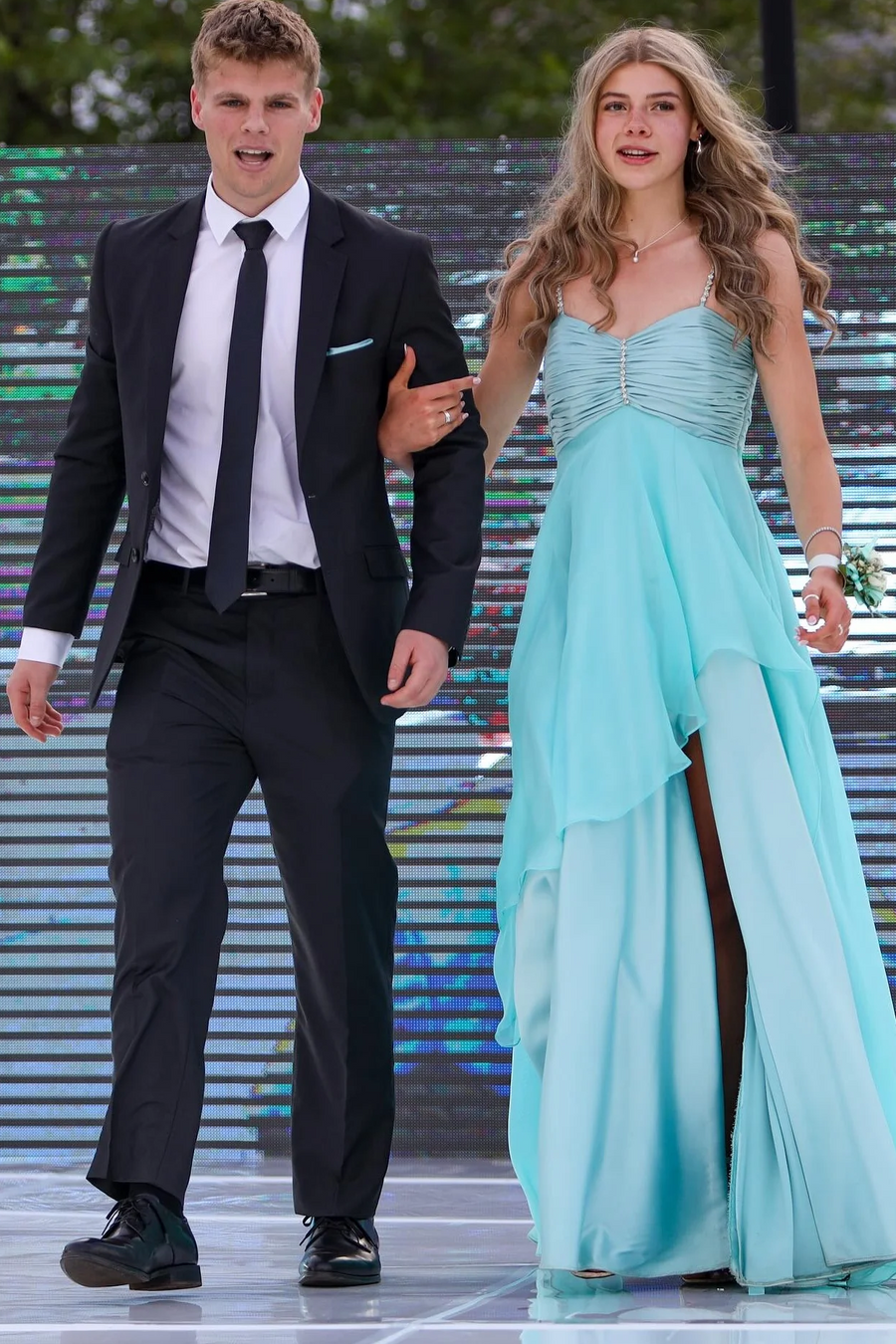 Vintage Blue Spaghetti Straps Beads A-Line Empire-Waist Prom Dress with Slit