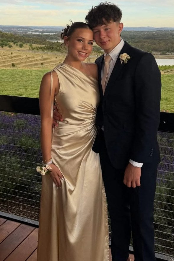 One Shoulder Satin Pleats Sleeveless Long Formal Prom Dress with Slit