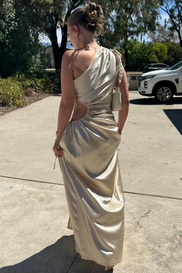 One Shoulder Satin Pleats Sleeveless Long Formal Prom Dress with Slit