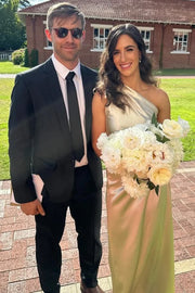 One Shoulder Satin Pleats Sleeveless Long Formal Prom Dress with Slit