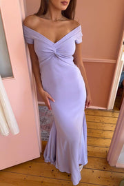 Lilac Off-Shoulder V-Neck Twist Satin Sheath Long Prom Dress