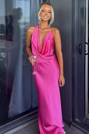 Chic Fuchsia Cowl Neck Satin Pleats Sleeveless Long Formal Prom Dress