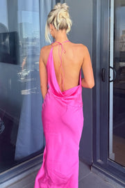 Chic Fuchsia Cowl Neck Satin Pleats Sleeveless Long Formal Prom Dress