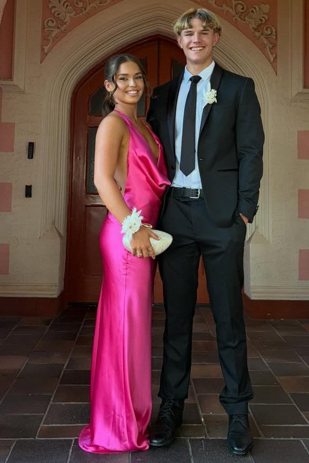 Chic Fuchsia Cowl Neck Satin Pleats Sleeveless Long Formal Prom Dress