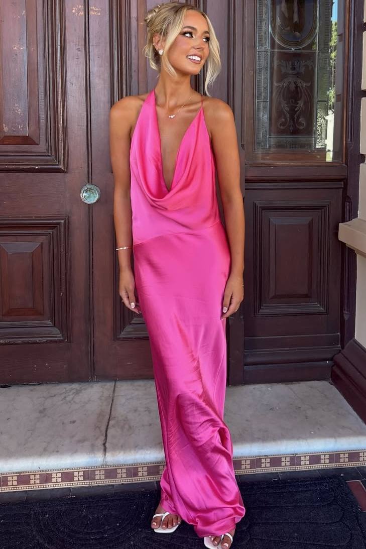 Chic Fuchsia Cowl Neck Satin Pleats Sleeveless Long Formal Prom Dress