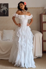 White Off-Shoulder A-Line Empire-Waist Scoop Neck Ruffles Long Prom Dress