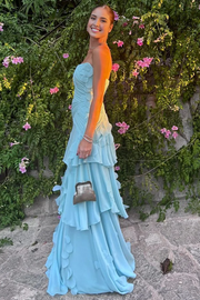 Classy Blue A-Line Empire-Waist Strapless Ruffles Pleats Prom Dress