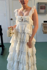 White A-Line Casual Square Neck Ruffles Lace Sleeveless Prom Dress