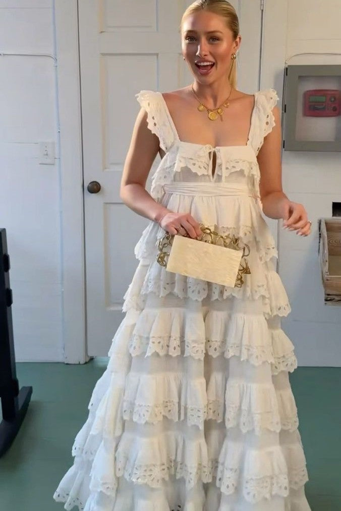 White A-Line Casual Square Neck Ruffles Lace Sleeveless Prom Dress