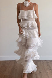 Chic White Spaghetti Straps Ruffles Chiffon Sleeveless Prom Formal Dress