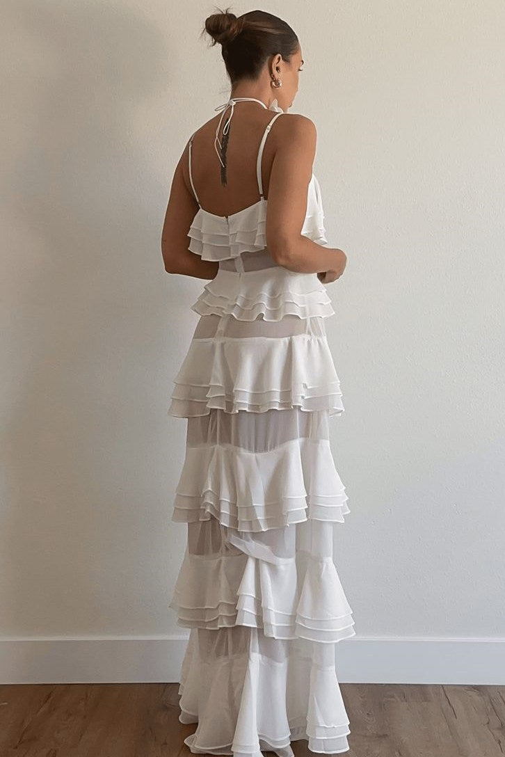 Chic White Spaghetti Straps Ruffles Chiffon Sleeveless Prom Formal Dress