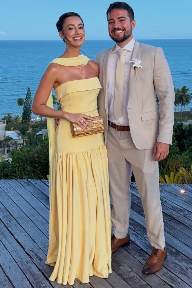 Yellow A-Line Empire-Waist Strapless Pleated Satin Long Formal Prom Dress