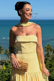 Yellow A-Line Empire-Waist Strapless Pleated Satin Long Formal Prom Dress