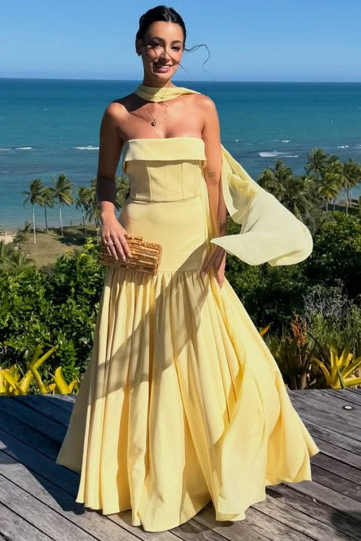 Yellow A-Line Empire-Waist Strapless Pleated Satin Long Formal Prom Dress