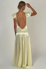 Elegant Deep V-Neck Straps Pleats Satin Backless Long Prom Dress