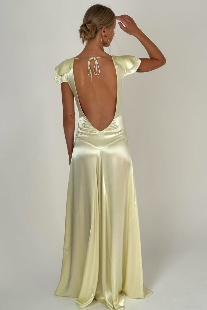 Elegant Deep V-Neck Straps Pleats Satin Backless Long Prom Dress