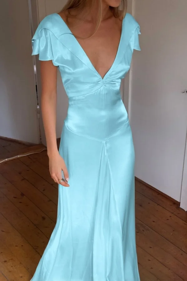 Elegant Deep V-Neck Straps Pleats Satin Backless Long Prom Dress