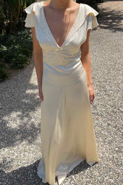 Elegant Deep V-Neck Straps Pleats Satin Backless Long Prom Dress