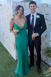 Green Spaghetti Straps Cowl Neck Sleeveless Long Formal Prom Dress