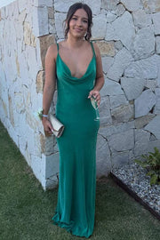 Green Spaghetti Straps Cowl Neck Sleeveless Long Formal Prom Dress