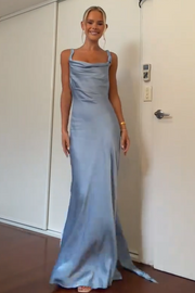 Blue Straps Backless Sleeveless Pleats Satin Fitted Formal Prom Dress