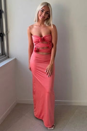 Coral Strapless Fitted Twist Sleeveless 3D Flower Long Party Prom Dress