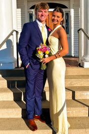 Yellow Halter Sleeveless Satin Pleats Sheath Long Prom Formal Dress