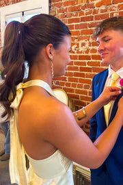 Yellow Halter Sleeveless Satin Pleats Sheath Long Prom Formal Dress